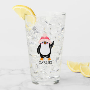 Personalised Cute Christmas Penguin in Red Hat  Glass