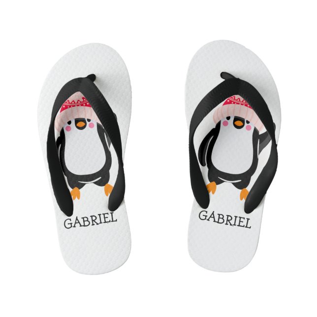 Personalised Cute Christmas Penguin in Red Hat  Kid's Flip Flops (Footbed)