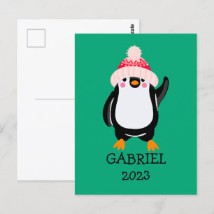 Personalised Cute Christmas Penguin in Red Hat Postcard