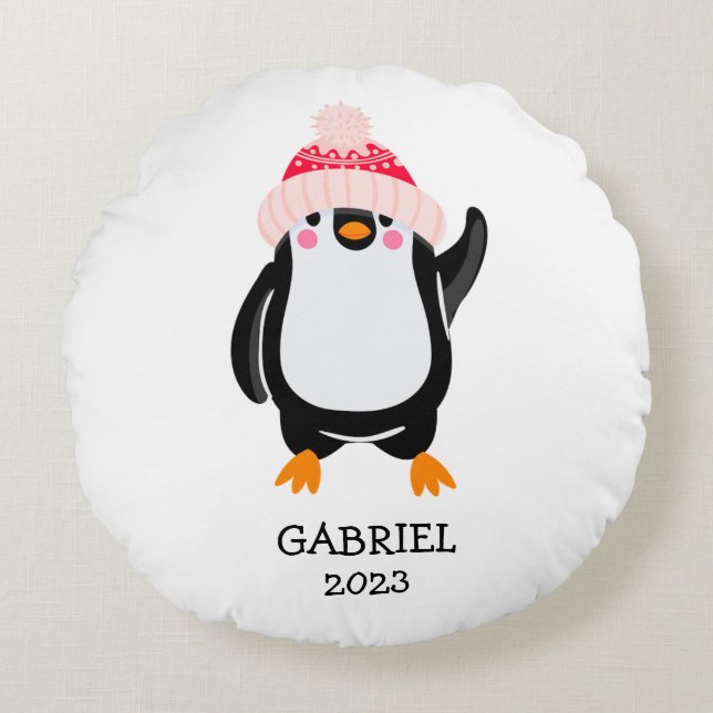 Personalised Cute Christmas Penguin in Red Hat  Round Cushion (Front)