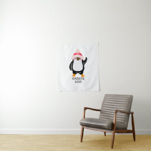 Personalised Cute Christmas Penguin in Red Hat  Tapestry