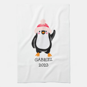 Personalised Cute Christmas Penguin in Red Hat Tea Towel