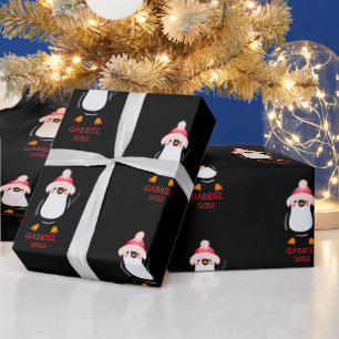 Personalised Cute Christmas Penguin in Red Hat Wrapping Paper