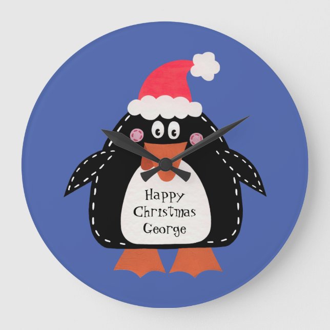 Personalised Cute Christmas Penguin Large Clock (Front)