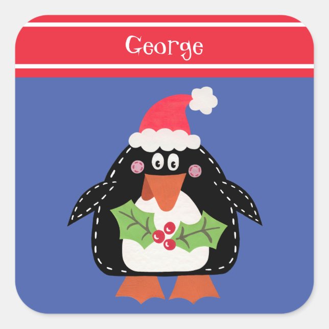 Personalised Cute Christmas Penguin Square Sticker (Front)