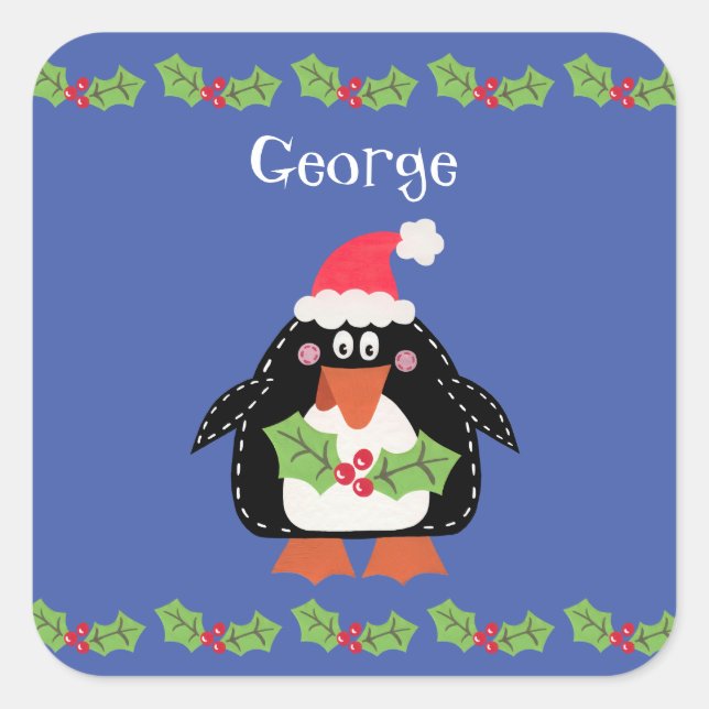 Personalised Cute Christmas Penguin Square Sticker (Front)