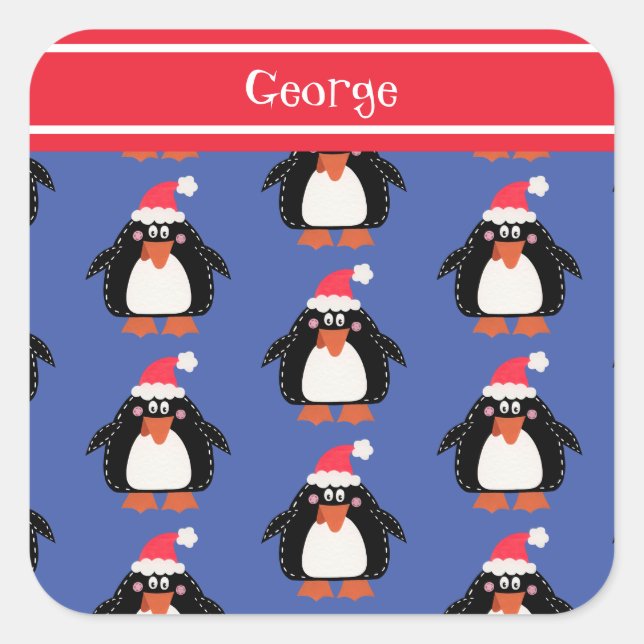 Personalised Cute Christmas Penguin Square Sticker (Front)
