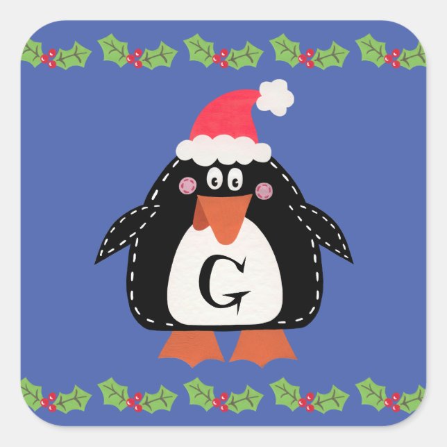 Personalised Cute Christmas Penguin Square Sticker (Front)