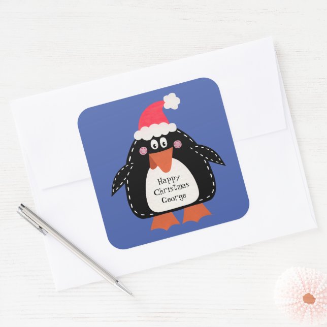 Personalised Cute Christmas Penguin Square Sticker (Envelope)