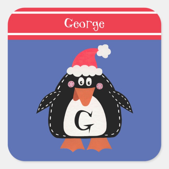 Personalised Cute Christmas Penguin Square Sticker (Front)