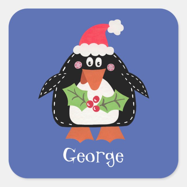 Personalised Cute Christmas Penguin Square Sticker (Front)