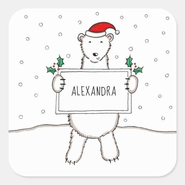 Personalised Cute Christmas Polar Bear Christmas  Square Sticker (Front)