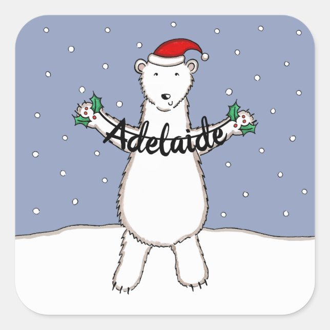 Personalised Cute Christmas Polar Bear Christmas Square Sticker (Front)