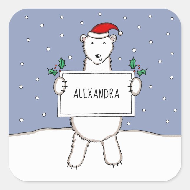 Personalised Cute Christmas Polar Bear Christmas  Square Sticker (Front)