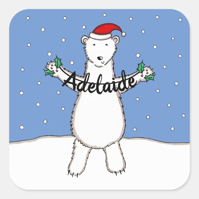 Personalised Cute Christmas Polar Bear Christmas Square Sticker (Front)