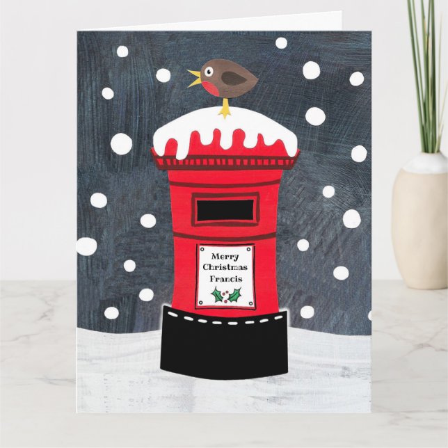 Personalised Cute Christmas Post Box & Robin Card (Front)