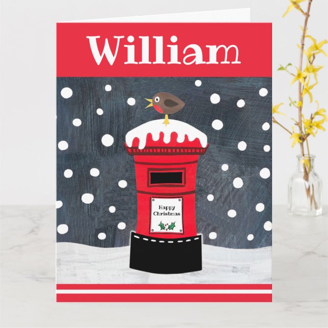 Personalised Cute Christmas Post Box & Robin Card (Yellow Flower)