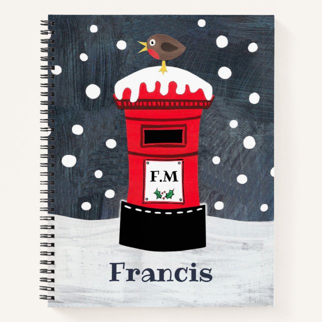 Personalised Cute Christmas Post Box & Robin Noteb Notebook (Front)