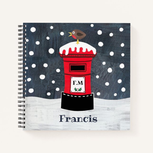 Personalised Cute Christmas Post Box & Robin Notebook (Front)
