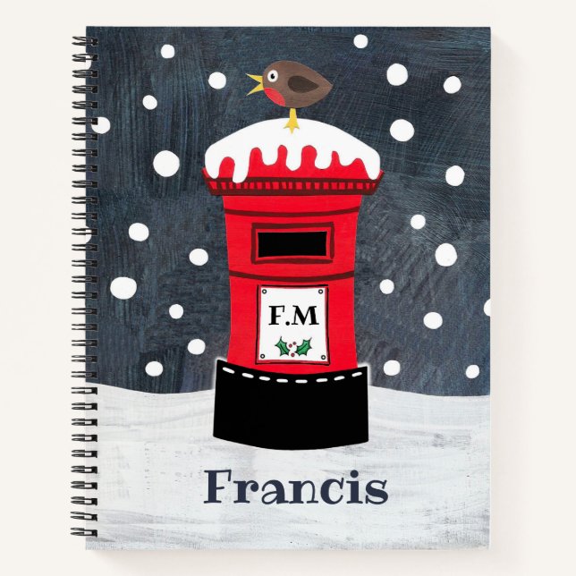Personalised Cute Christmas Post Box & Robin Notebook (Front)