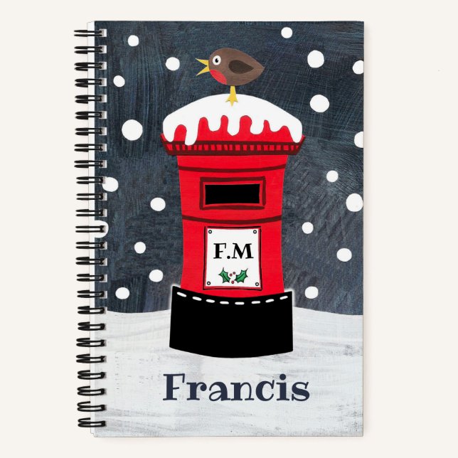 Personalised Cute Christmas Post Box & Robin Notebook (Front)
