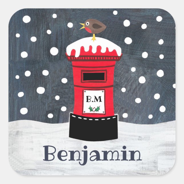 Personalised Cute Christmas Post Box & Robin  Squa Square Sticker (Front)