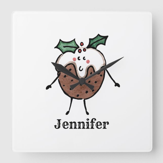 Personalised Cute Christmas Pudding Acrylic Clock (Front)