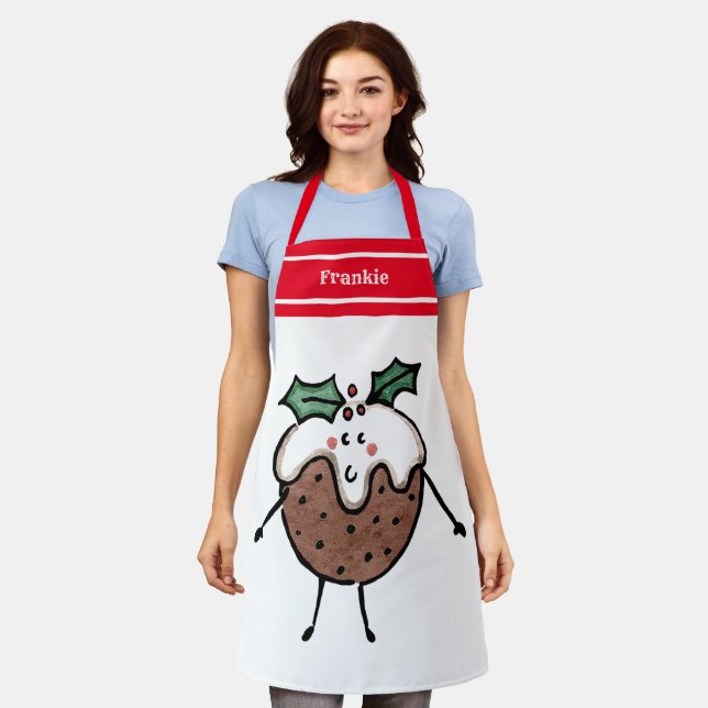 Personalised Cute Christmas Pudding Apron (Worn)
