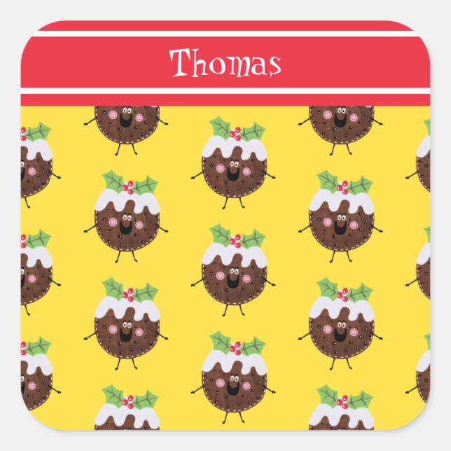 Personalised Cute Christmas Pudding Square Sticker (Front)