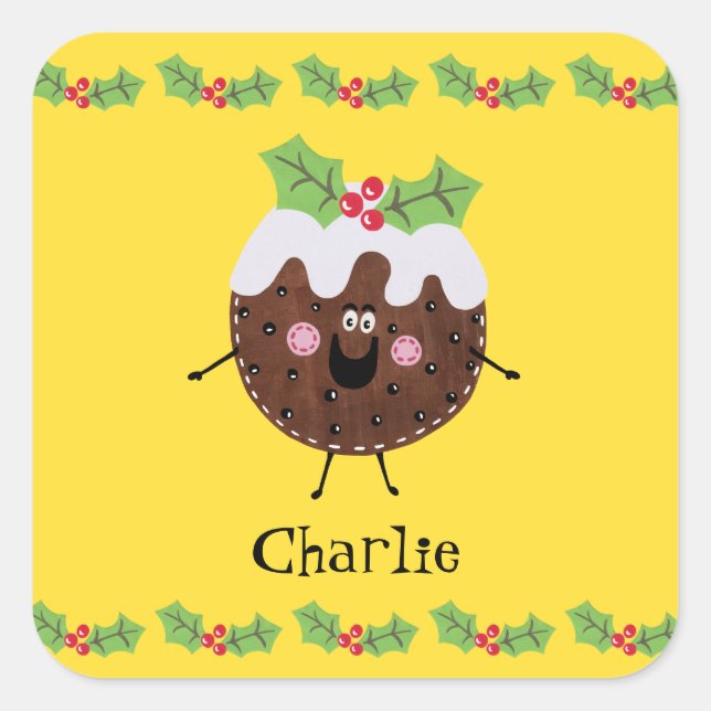 Personalised Cute Christmas Pudding Square Sticker (Front)