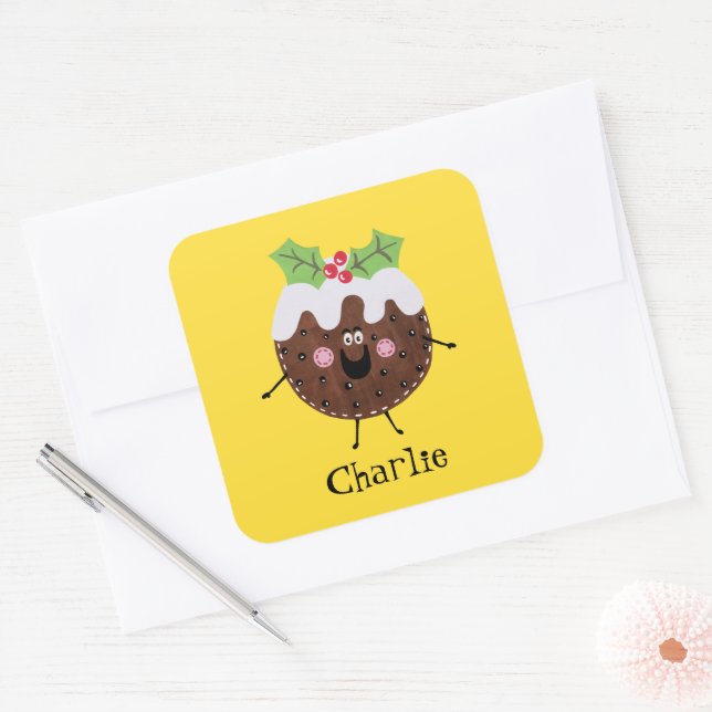 Personalised Cute Christmas Pudding Square Sticker (Envelope)