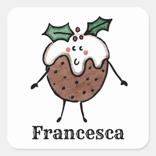 Personalised Cute Christmas Pudding Square Sticker (Front)