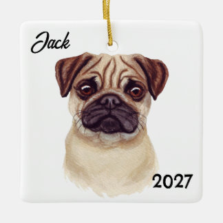 Personalised Cute Christmas Pug Ceramic Ornament