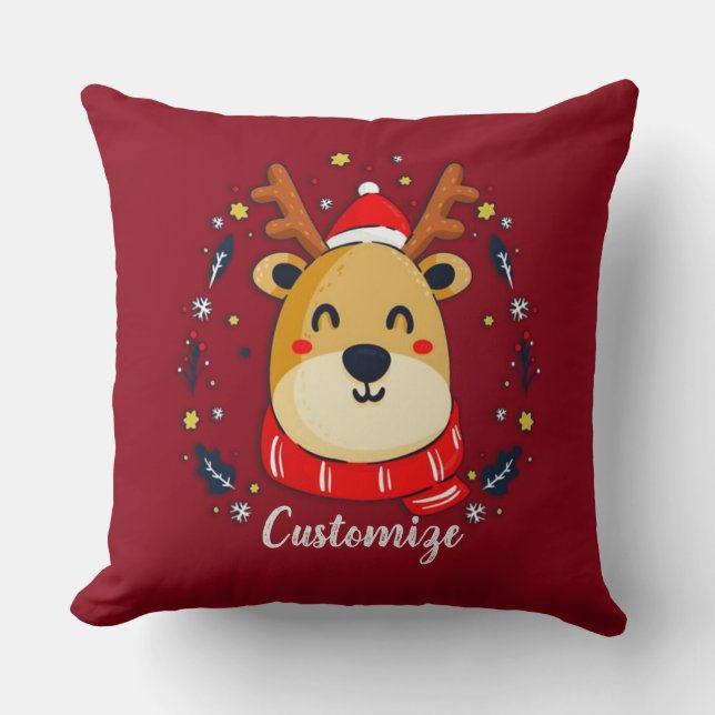 Personalised Cute Christmas Reindeer Cushion (Front)