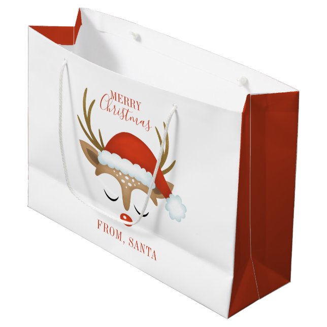 Personalised Cute Christmas Reindeer Face Large Gift Bag (Front Angled)
