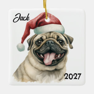 Personalised Cute Christmas Santa Pug Ceramic Ornament