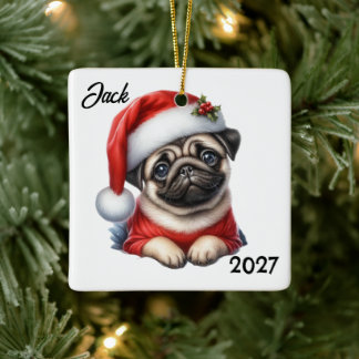 Personalised Cute Christmas Santa Pug Ceramic Ornament