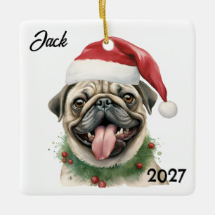 Personalised Cute Christmas Santa Pug Ceramic Ornament