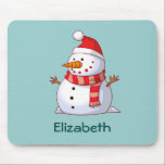 Personalised Cute Christmas Snowman Dressed in Red Mouse Mat<br><div class="desc">A cute Christmas snowman who is kind of chubby and jolly wearing a red striped scarf and a red christmas hat. Festive and fun. Personalise with a name.</div>