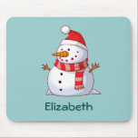 Personalised Cute Christmas Snowman Dressed in Red Mouse Mat<br><div class="desc">A cute Christmas snowman who is kind of chubby and jolly wearing a red striped scarf and a red christmas hat. Festive and fun. Personalise with a name.</div>