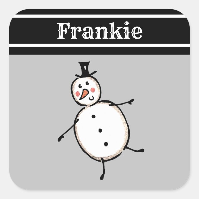 Personalised Cute Christmas Snowman Square Sticker (Front)