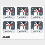 Personalised Cute Christmas Snowman Square Sticker<br><div class="desc">This Snowman Christmas snow scene is printed from a collage designed by Helen McCartney Designs.</div>