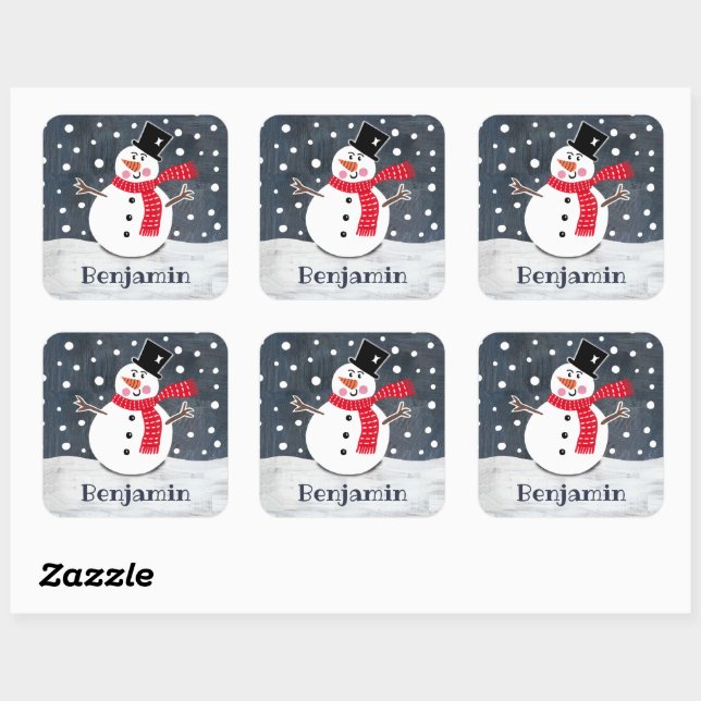 Personalised Cute Christmas Snowman Square Sticker (Sheet)