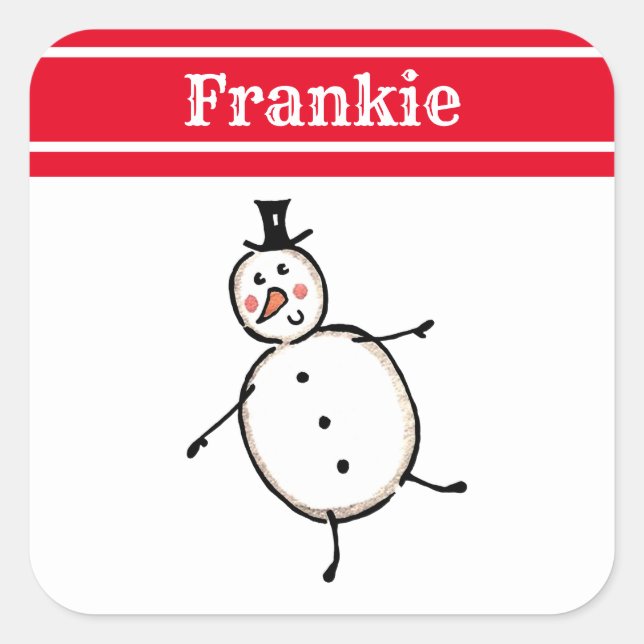 Personalised Cute Christmas Snowman Square Sticker (Front)