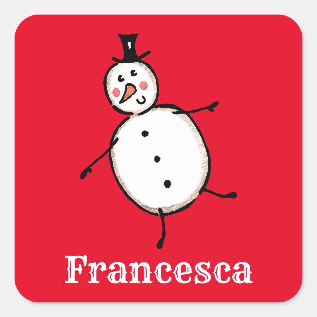 Personalised Cute Christmas Snowman Square Sticker (Front)