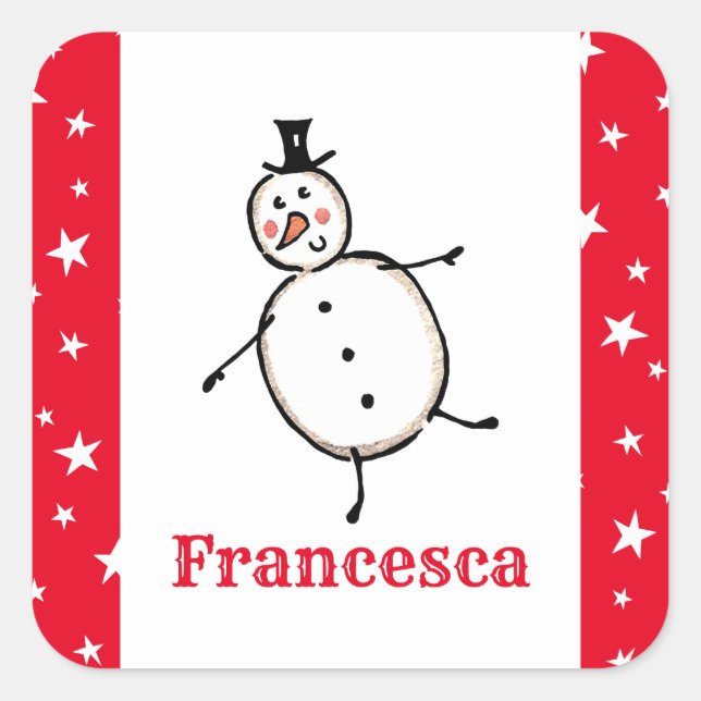 Personalised Cute Christmas Snowman Square Sticker (Front)