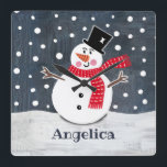 Personalised Cute Christmas Snowman Square Wall Clock<br><div class="desc">This cute Christmas snowman snow scene is printed from a collage designed by Helen McCartney Designs.</div>