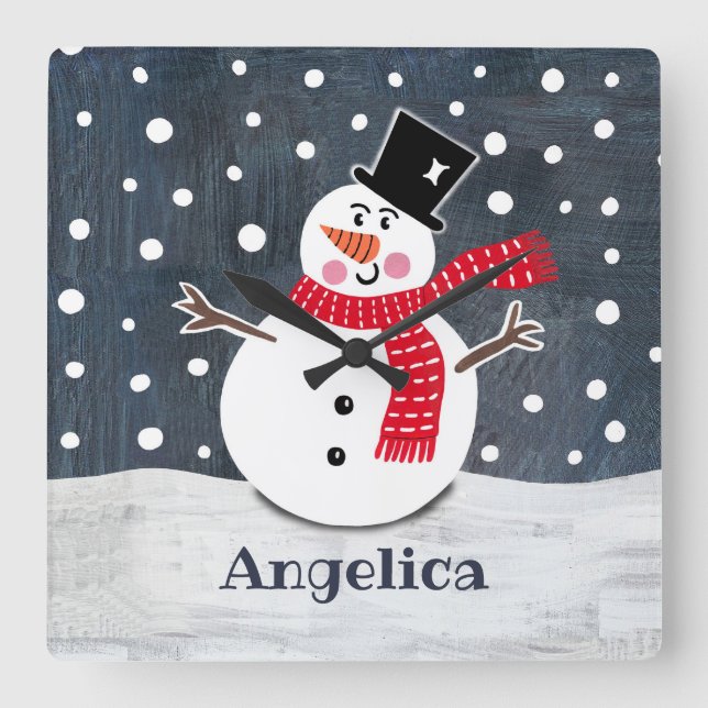 Personalised Cute Christmas Snowman Square Wall Clock (Front)