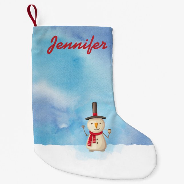 Personalised Cute Christmas Snowman Waving Small Christmas Stocking (Front)