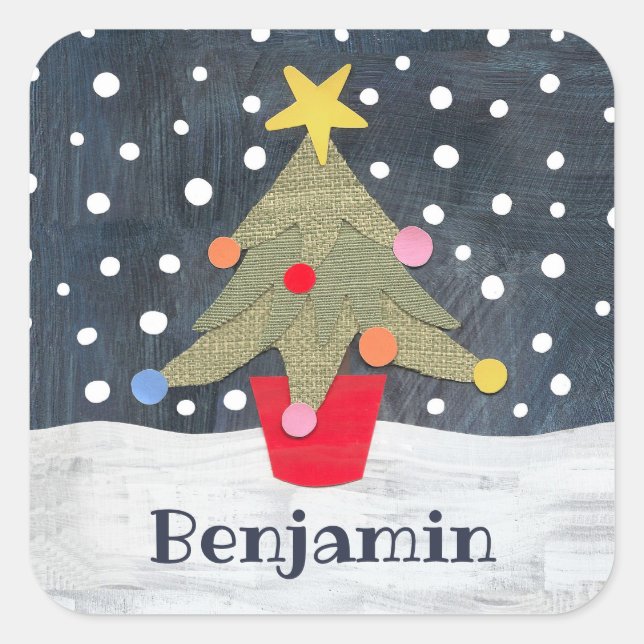 Personalised Cute Christmas Tree Square Sticker (Front)
